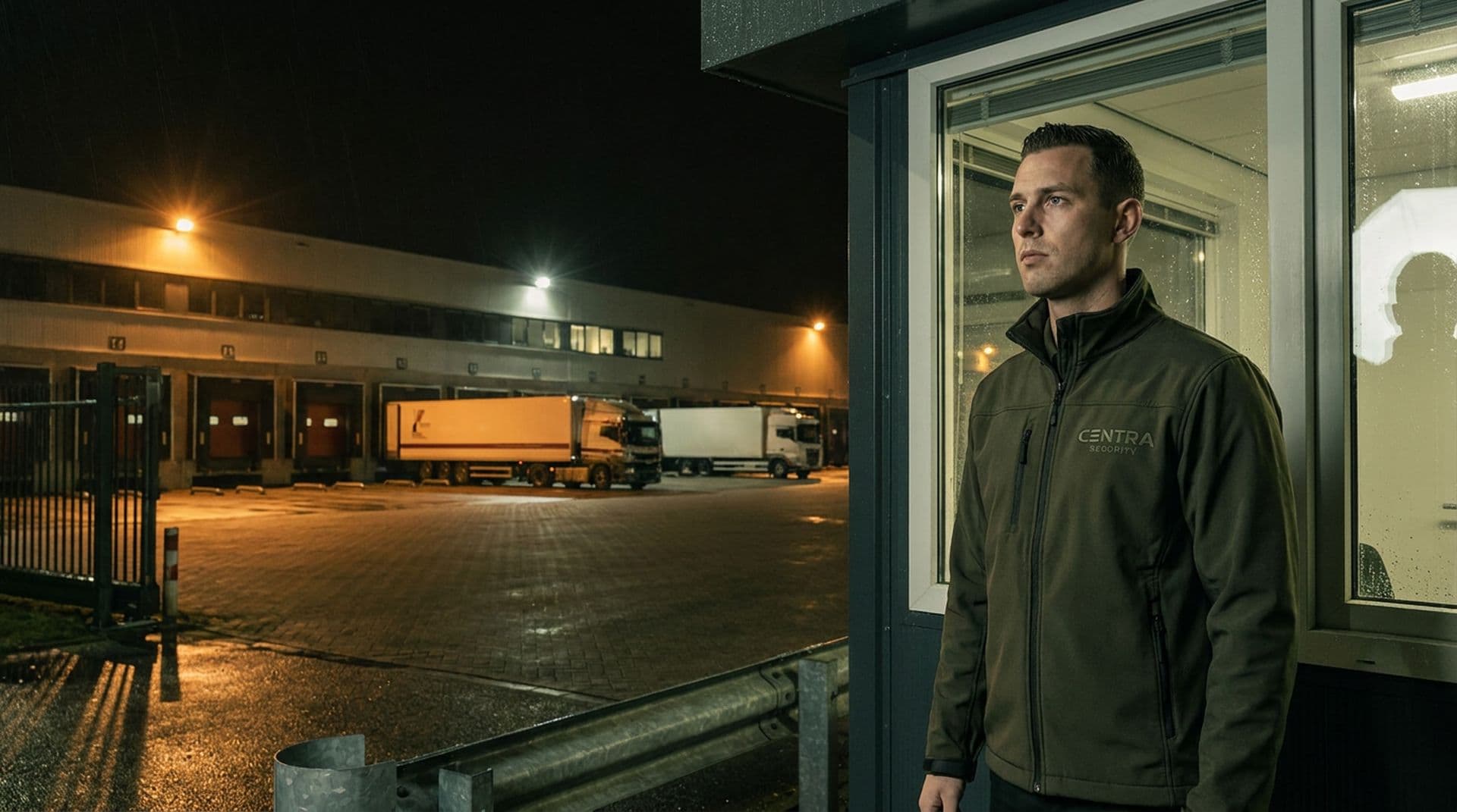 Beveiliger op post bij een distributiecentrum in de nacht