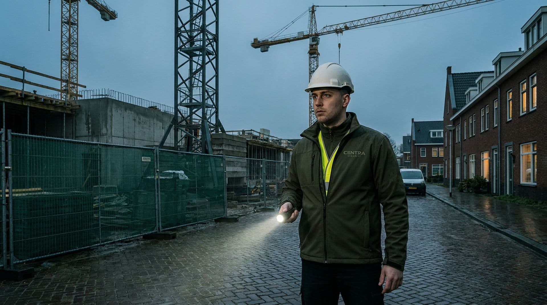 Bouwplaatsbeveiliger met zaklamp op een bouwterrein