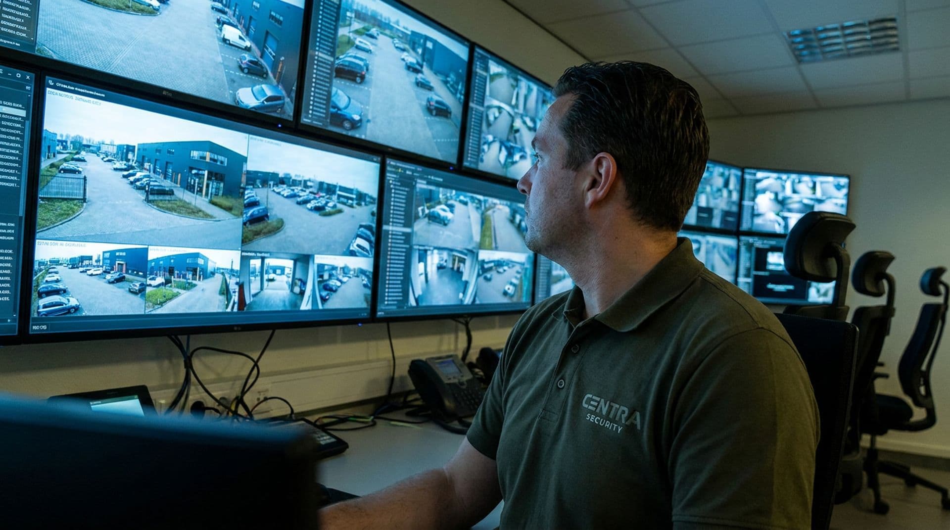 Operator in een toezichtcentrale met camerabeelden