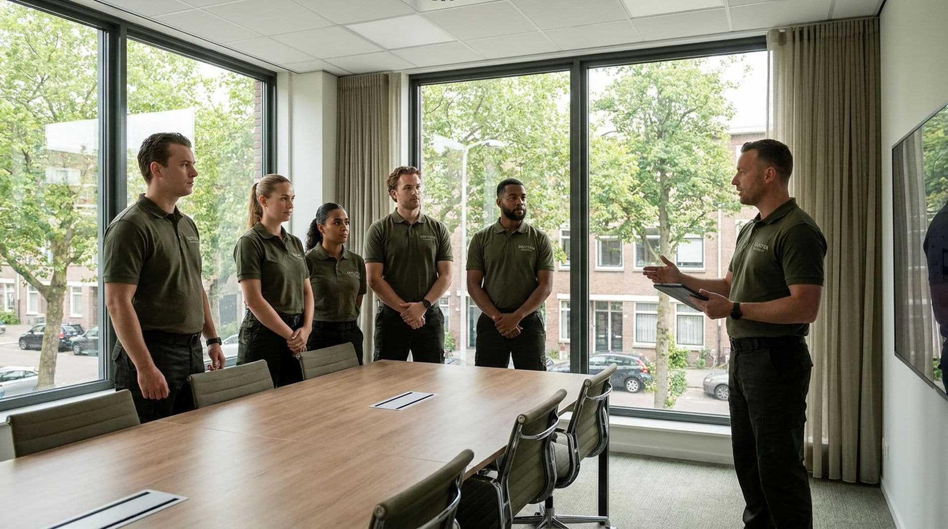 Team beveiligers tijdens een briefing
