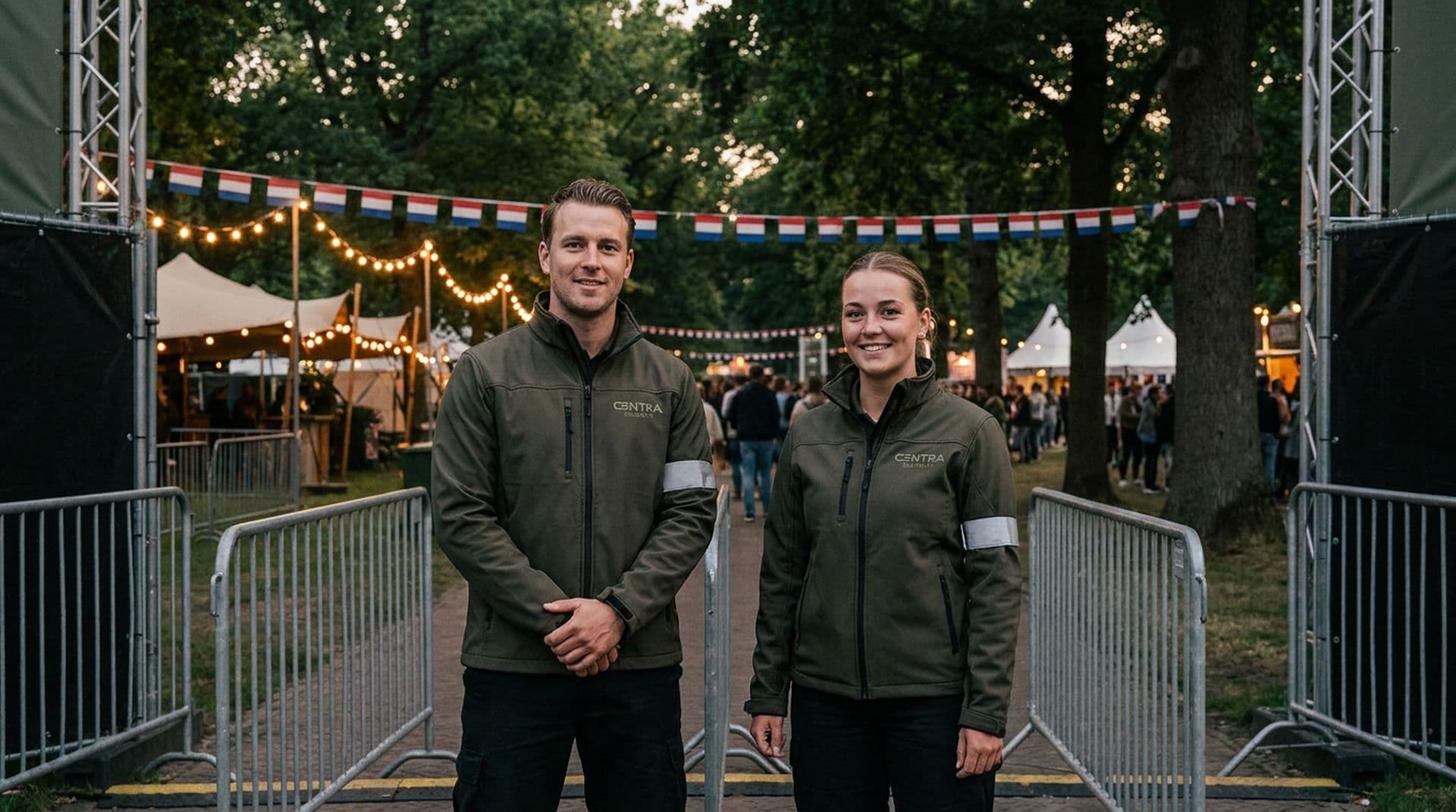 Evenementenbeveiligers bij de ingang van een festival