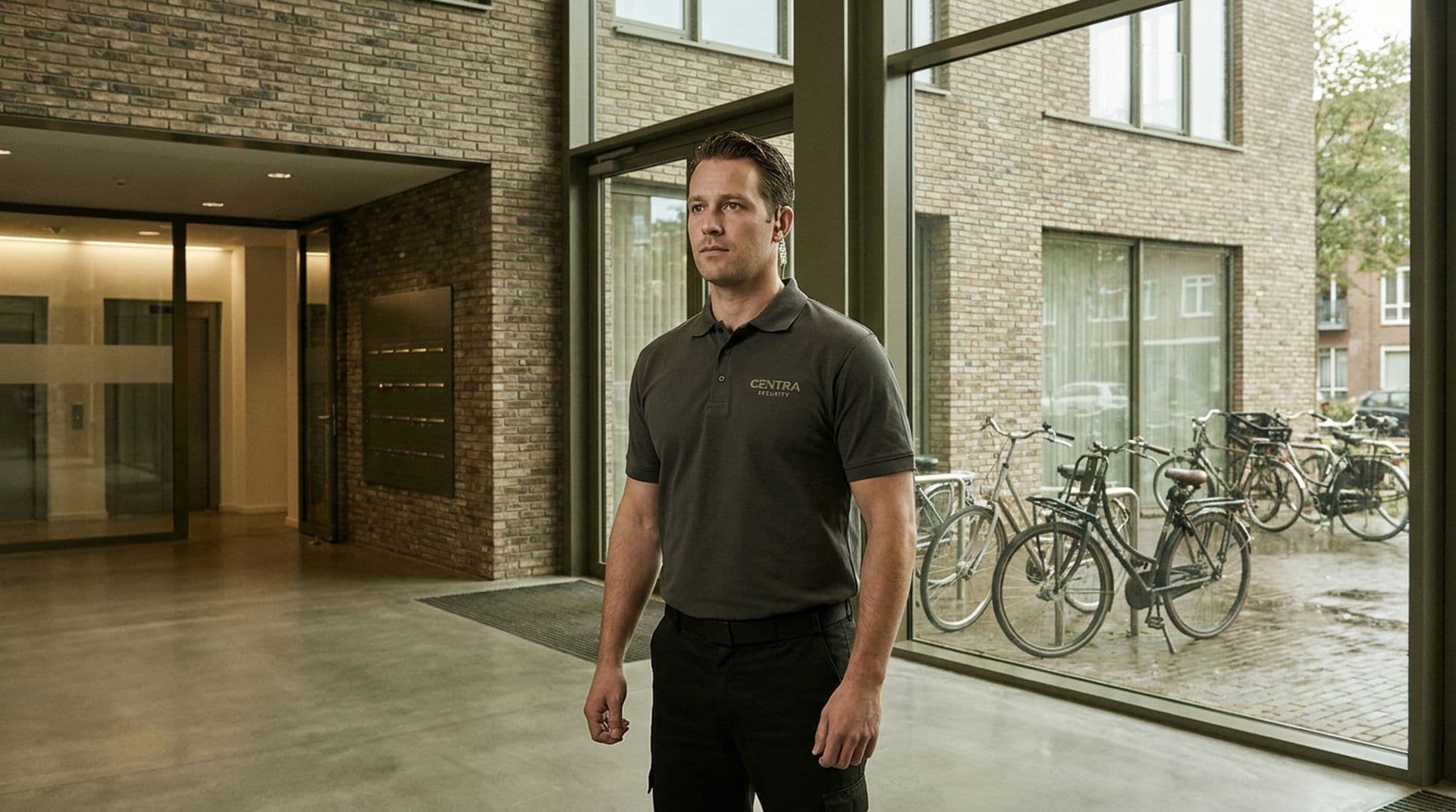 Beveiliger van Centra Security in de lobby van een kantoorgebouw