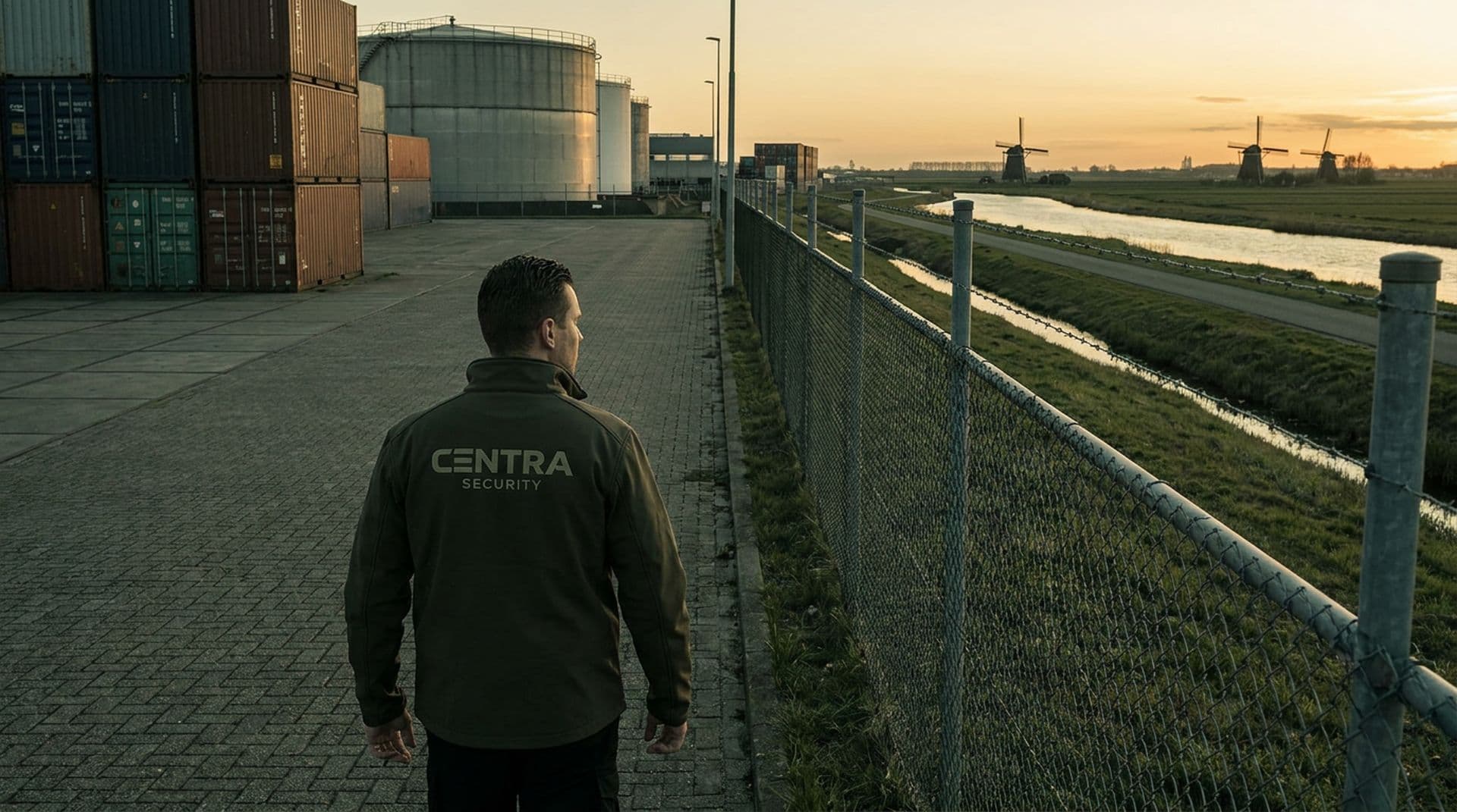 Beveiliger loopt een ronde langs het hekwerk van een industrieterrein