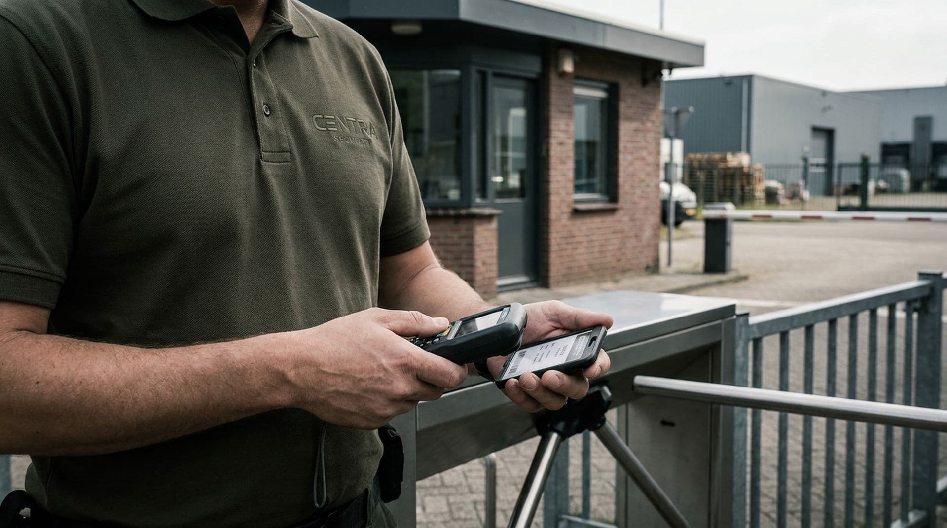 Beveiliger controleert een toegangspas bij een slagboom