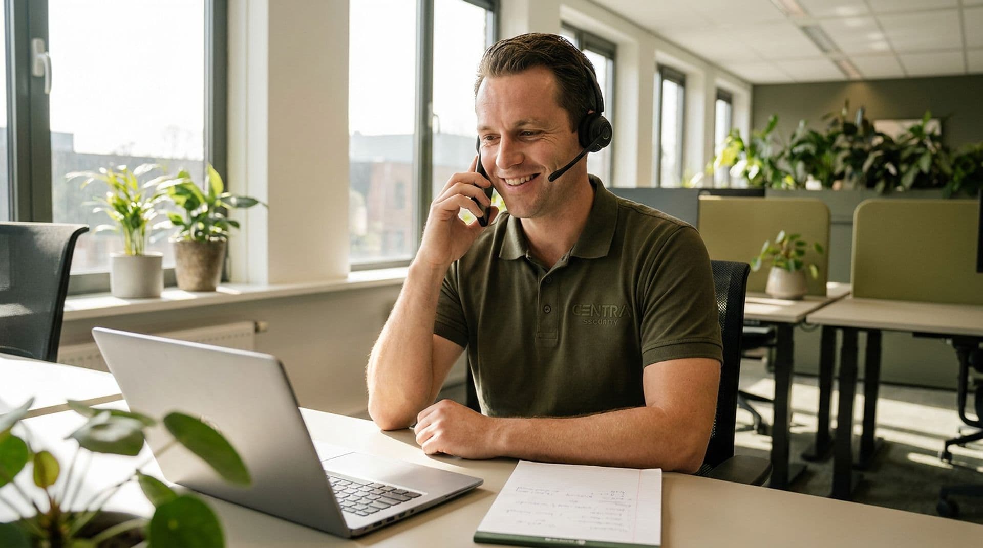 Medewerker van Centra Security aan de telefoon met een klant