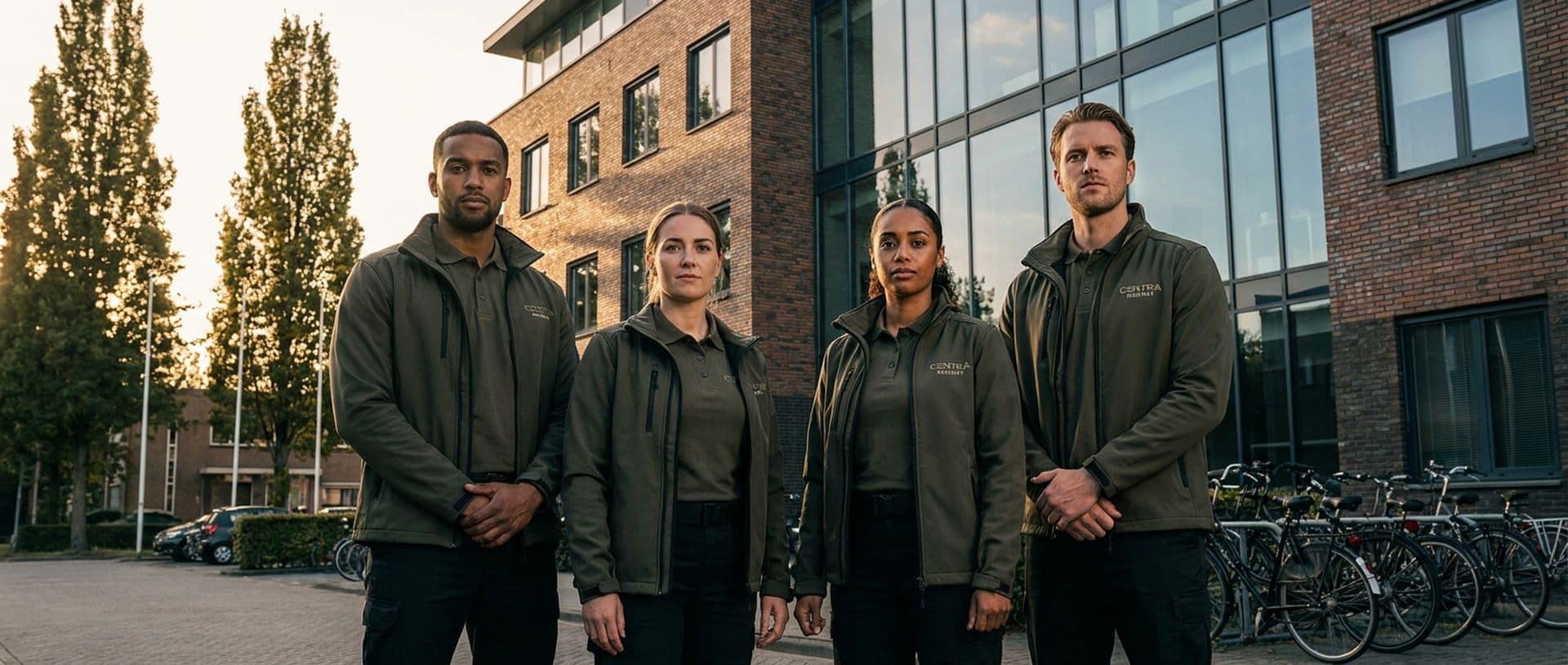 Team beveiligers van Centra Security voor een modern kantoorgebouw